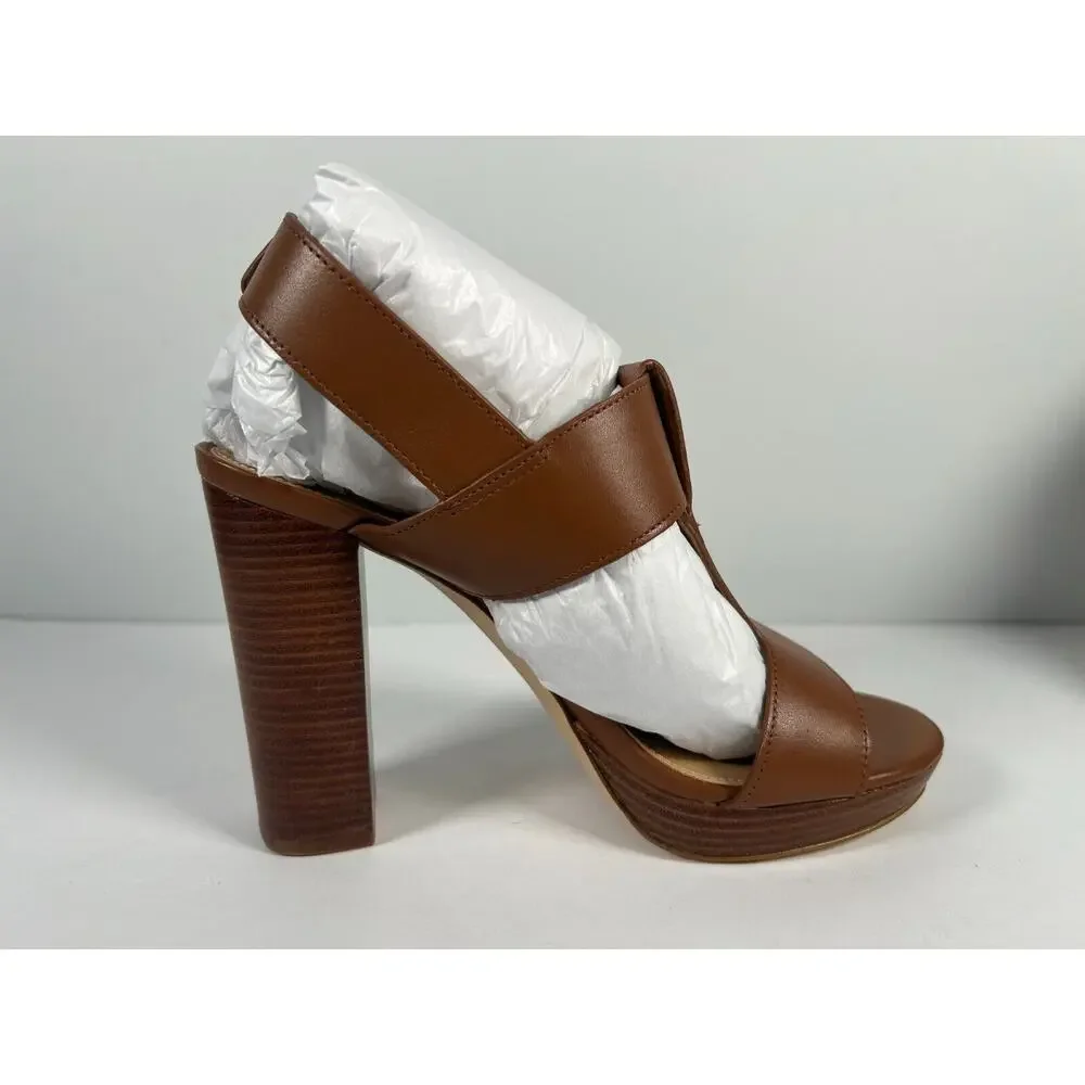 NEW Michael Kors Women's Luggage Leather Becker T Strap‎ Heels Sandal US Size 7M